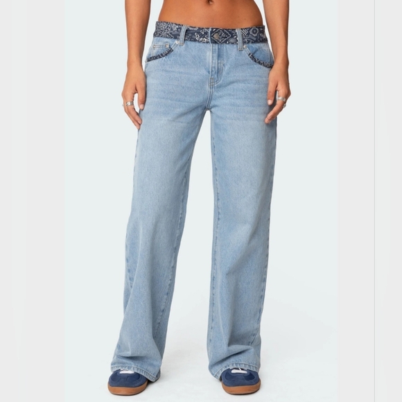 Edikted Light Blue Flare Jeans with Dark Patterned Pockets - Picture 2 of 6
